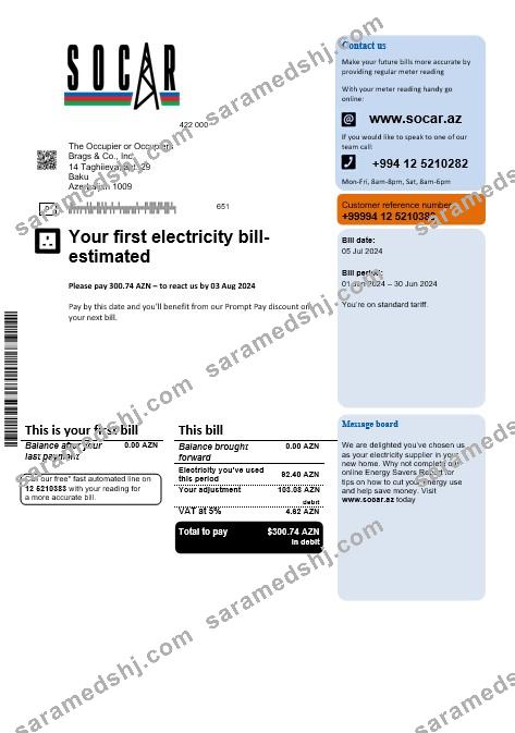 Azerbaijan Socar gas business utility bill template, fully editable in PSD format